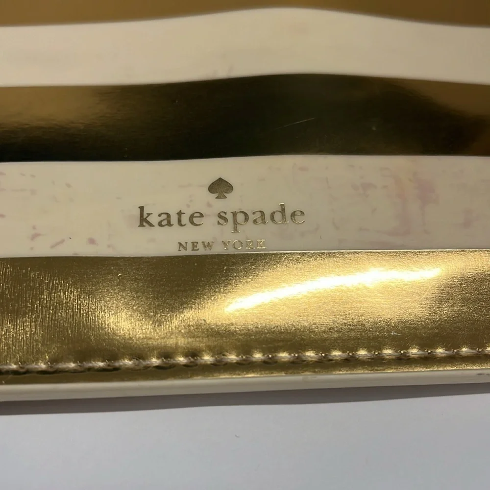 Kate Spade Large Gold Cream Patent Striped Zip Flat Pouch Clutch